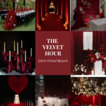 Velvet Hour aesthetic mood board with dark linens & more red color drenching
