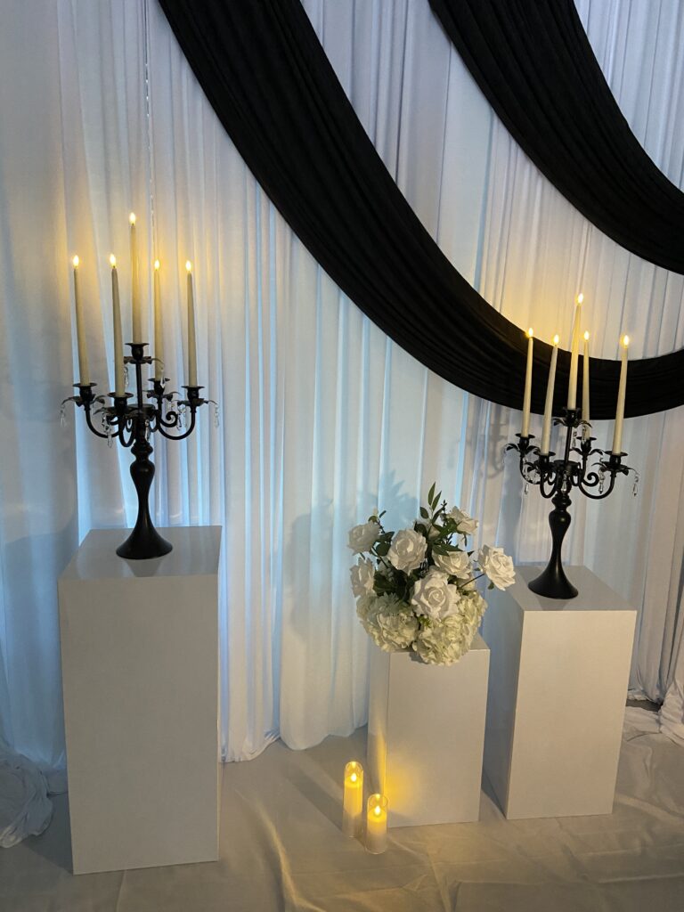 black and white memorial reception tablescape by Ovation Event Solutions